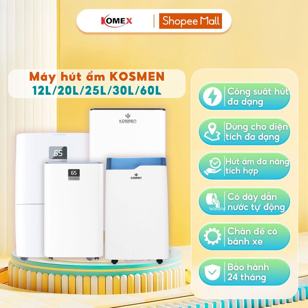 Máy Hút Ẩm Dân Dụng Kosmen KM- 12L/20L/25L/30L/60L/Ngày, Vận Hành Êm Ái, Có Wifi & Sấy Quần Áo - Bảo