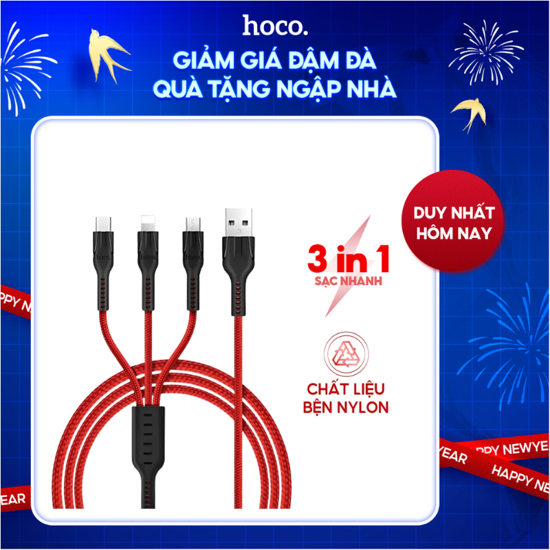 Dây sạc 3 trong 1 HOCO, cáp sạc nhanh bọc dù chống gãy sạc cùng lúc 3 thiết bị hỗ trợ truyền dữ liệu siêu nhanh