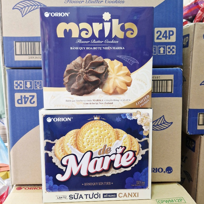 Bánh Quy Sữa Tươi de Marie Orion hộp 384g/Bánh Quy Hoa Bơ Marika 216g