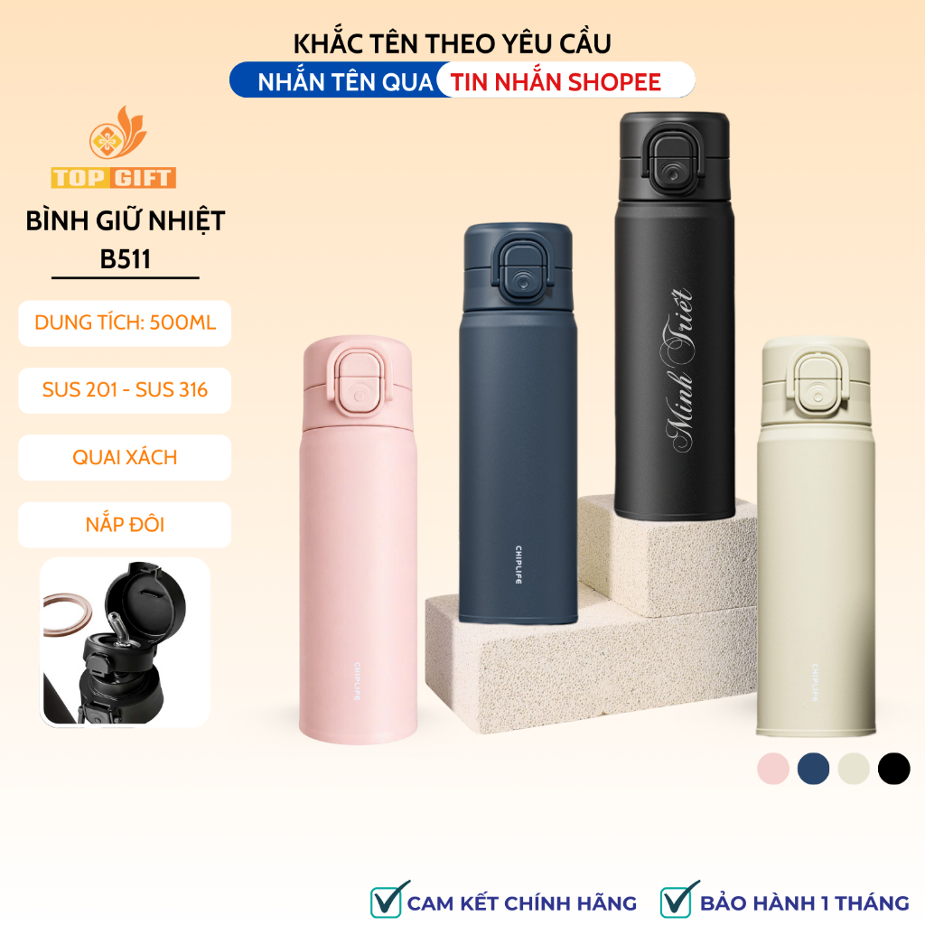 Bình giữ nhiệt TopGifts B511 khắc tên theo yêu cầu dung tích 500ml 4 màu SUS316 an toàn có quai xách tiện lợi | BigBuy360 - bigbuy360.vn