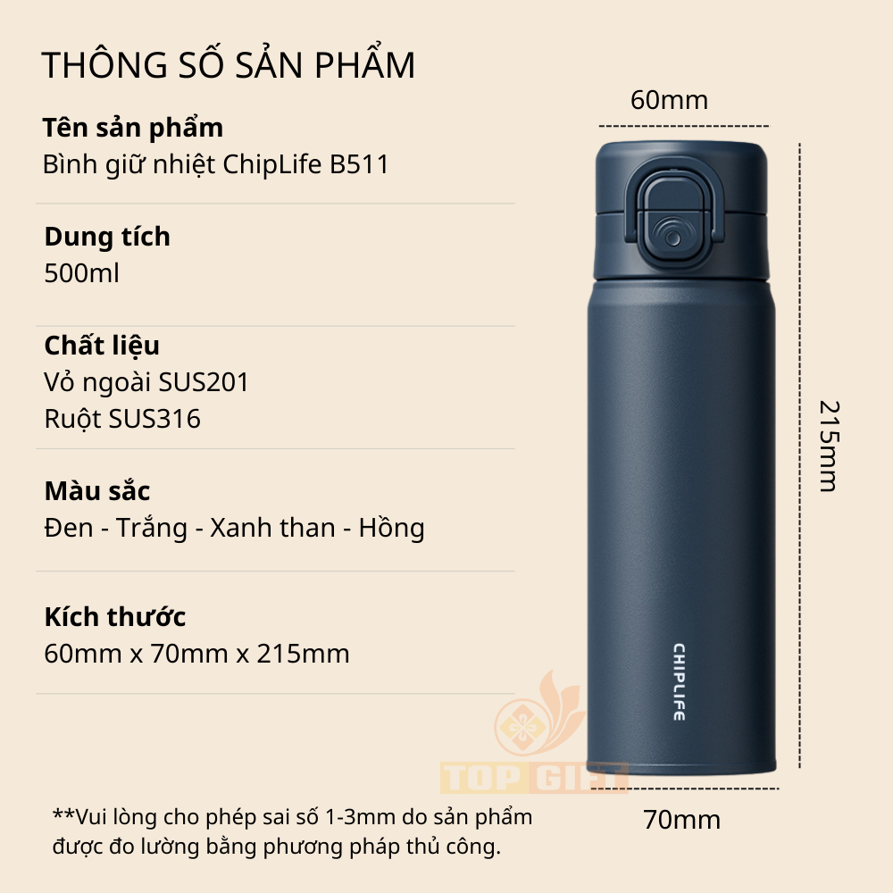 Bình giữ nhiệt TopGifts B511 khắc tên theo yêu cầu dung tích 500ml 4 màu SUS316 an toàn có quai xách tiện lợi | BigBuy360 - bigbuy360.vn