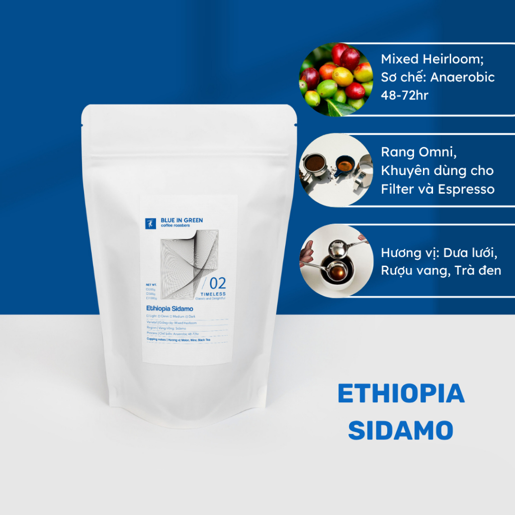 Cà phê rang Ethiopia Sidamo - Rang Omni - Blue in Green Coffee Roasters