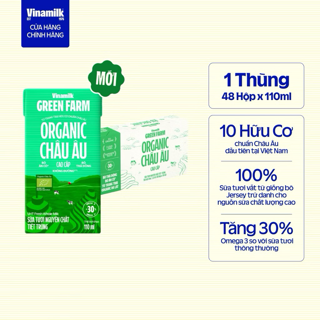 [Sản Phẩm Mới] Thùng 48 hộp Sữa tươi Nguyên Chất Tiệt Trùng Vinamilk GreenFarm Organic 110ml