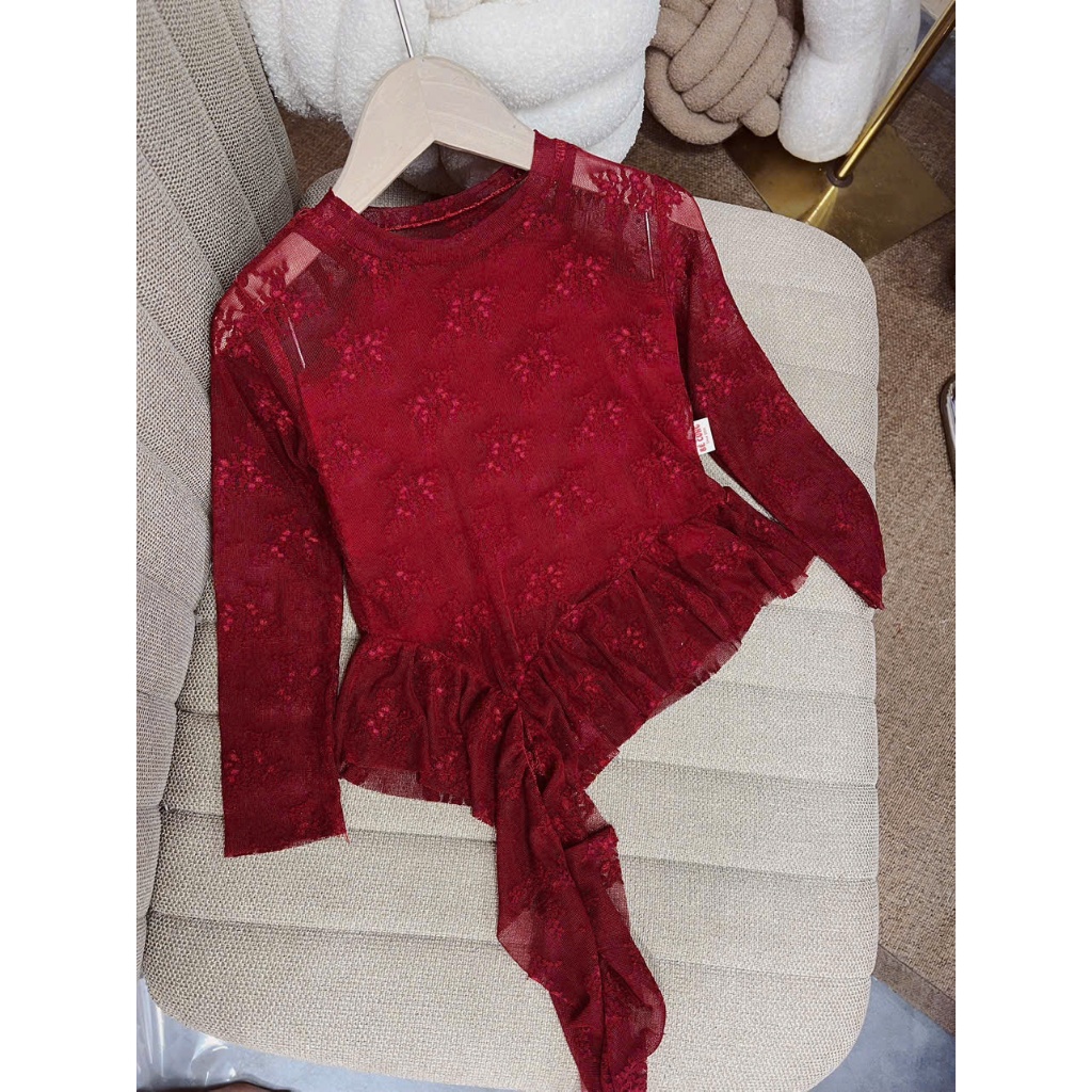 Áo Lẻ Ren Đỏ Đô Vạt Chéo Bèo Dài (Kèm Áo 2 Dây) BÉ CƯNG Dành Cho Bé Gái - 79H