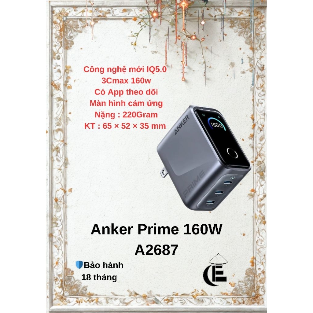 Sạc Anker Prime 160w 3 Cổng GaNPrime Có App Màn Cảm Ứng A2687