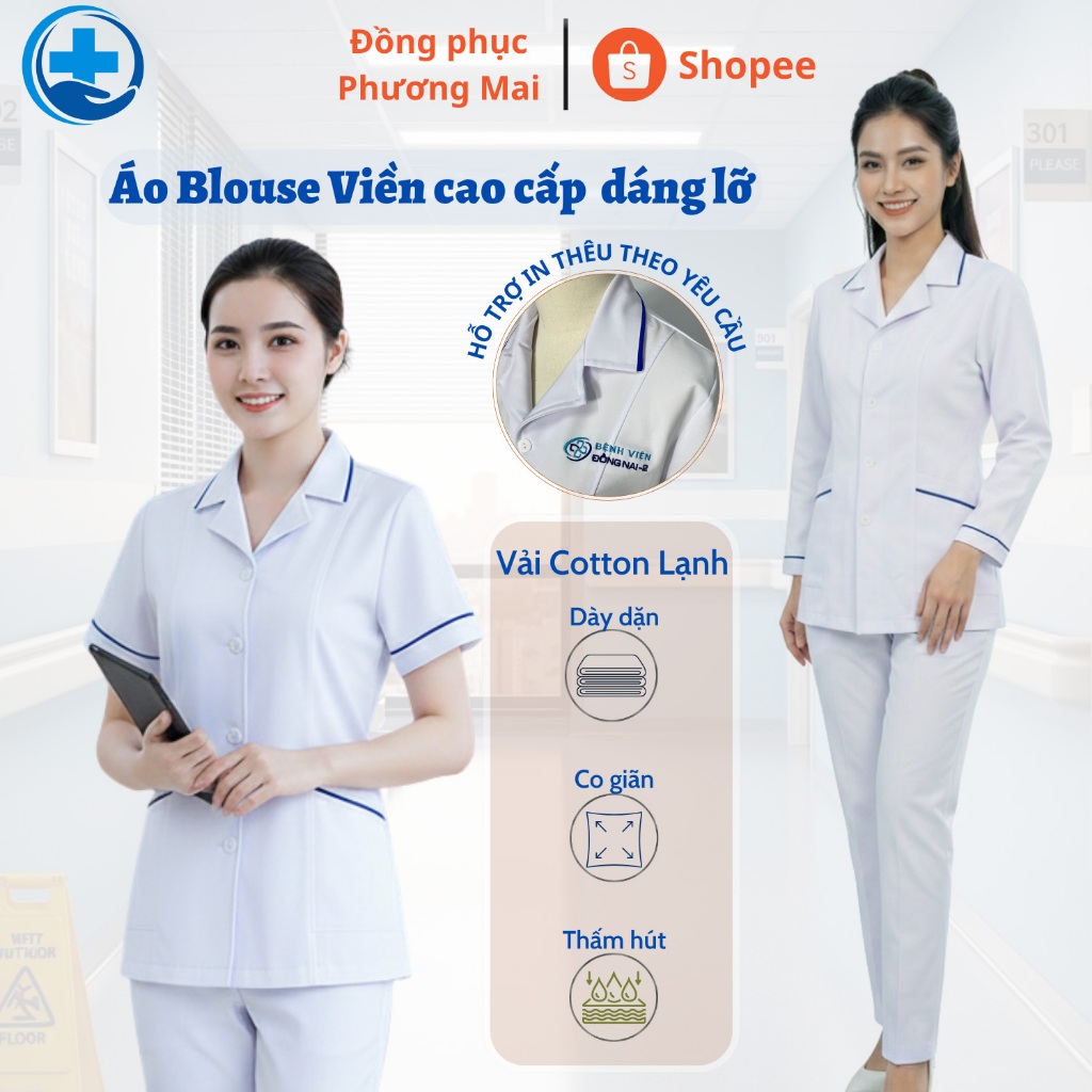 Áo blouse VIỀN xanh dương CAO CẤP, Áo blu y tế chuyên dụng cho Nam/Nữ Y tá, Điều dưỡng, Dược sĩ, Spa