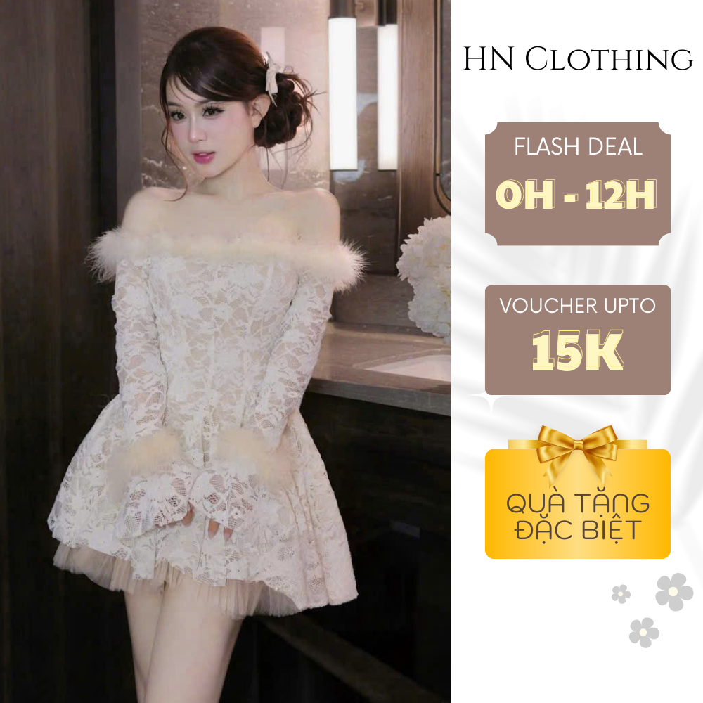 Đầm ren trễ vai lông vũ HN Clothing thiết kế dáng xòe tiểu thư dự tiệc sang chảnh V365