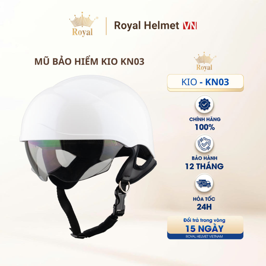 [TRẮNG NS] Mũ Bảo Hiểm Nửa Đầu KIO KN03, Kính Âm Ngắn Phủ Nano Hạn Chế Tia UV, Lót Kháng Khuẩn | Roy