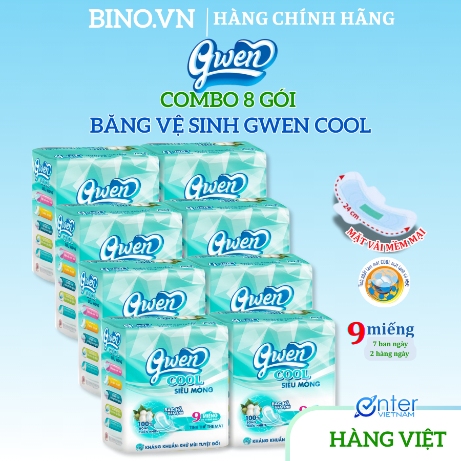 Combo 8gói Băng vệ sinh Gwen Cool BVS Ban Ngày 24cm Siêu Mỏng Có Cánh Mặt Vải Êm Mềm Bạc Hà Mát Lạnh