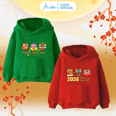 [MỚI] Áo hoodie AORE mừng TẾT 2026, Áo khoác nỉ dài tay phối túi có mũ in hình thần tài cho bé trai bé gái từ 10-35kg