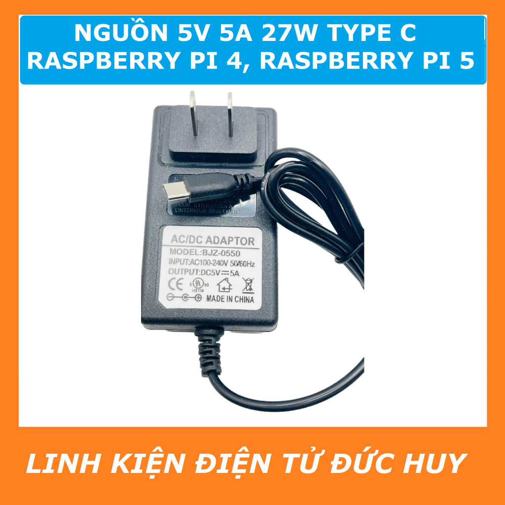 Nguồn DC 5V 5A 27W cho Raspberry Pi 4, Pi 5, type C