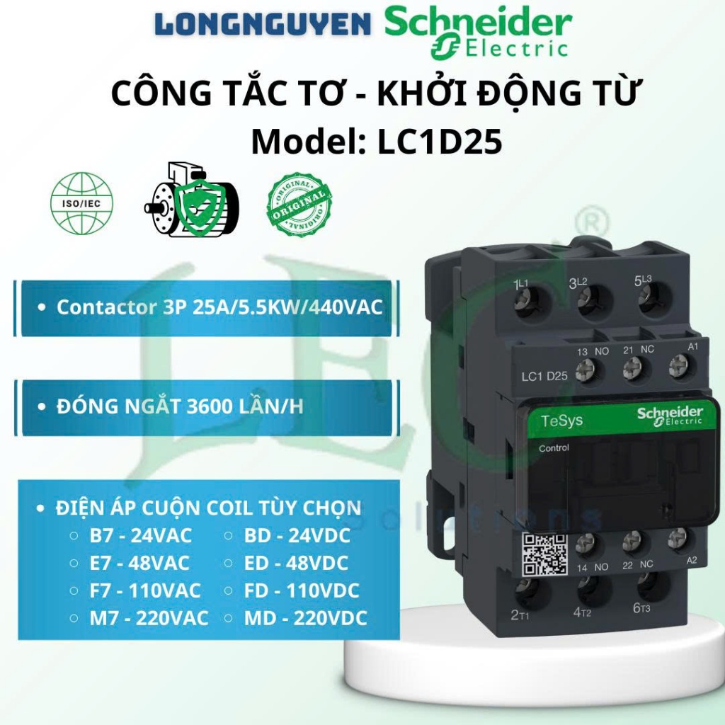 Công tắc tơ Schneider LC1D25M7 3P 25A AC3 cuộn hút 220VAC chính hãng