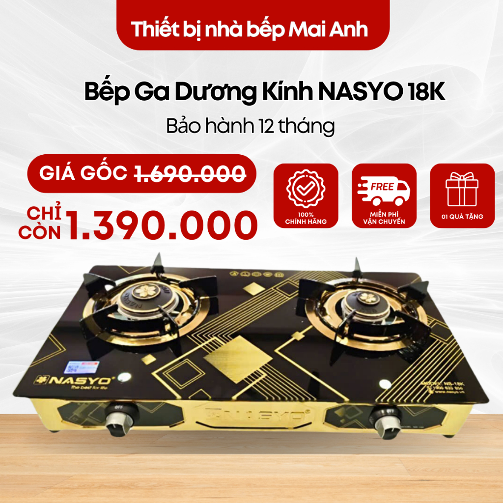 Bếp Gas Đôi Dương Kính NASYO 18K Mặt Kính Cường Lực 6MM Chịu Nhiệt Tốt Tiết Kiệm Ga Bếp Ga Gia Đình 
