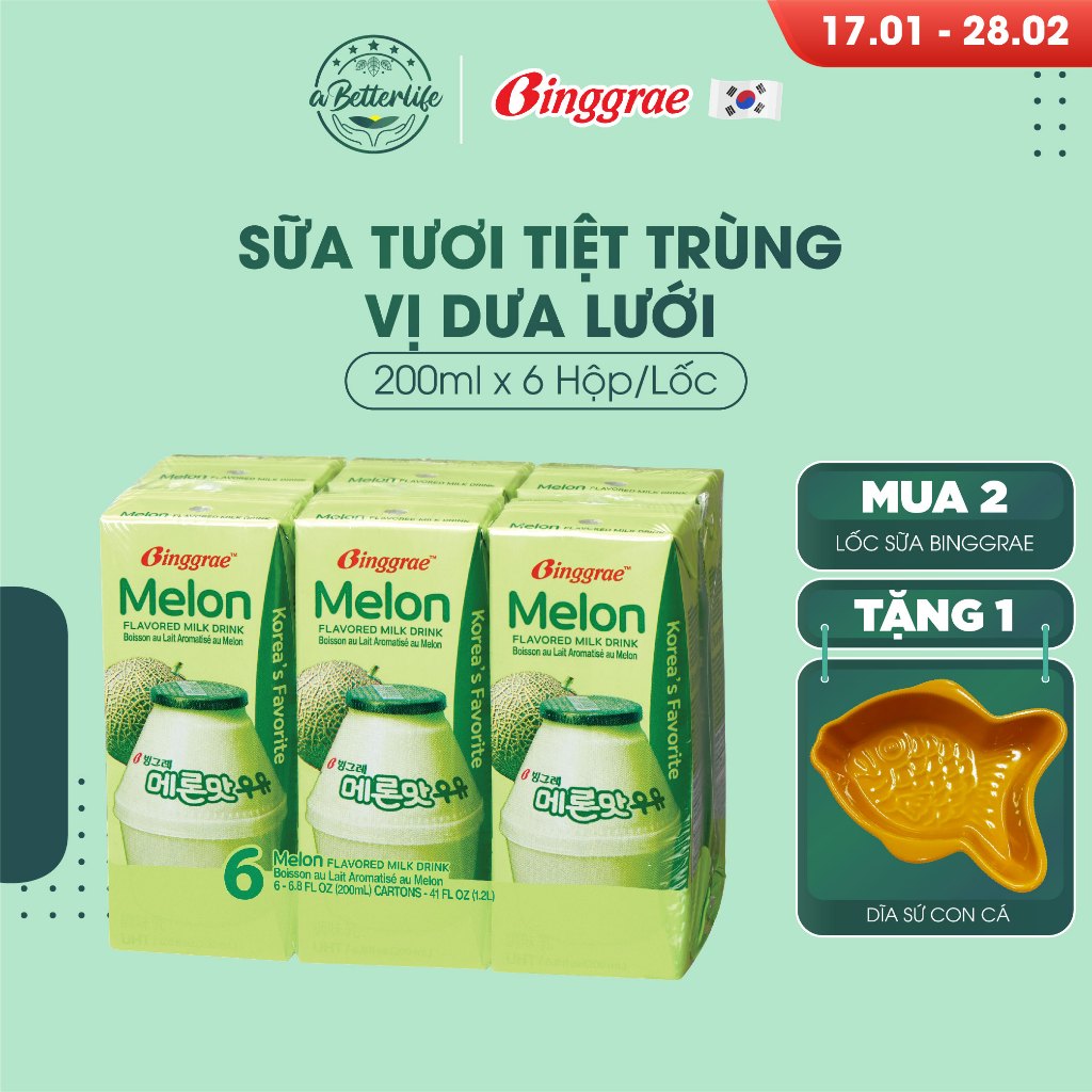 Lốc 6 hộp sữa dưa lưới Hàn Quốc Binggrae Melon Milk 200ml ABetterLife