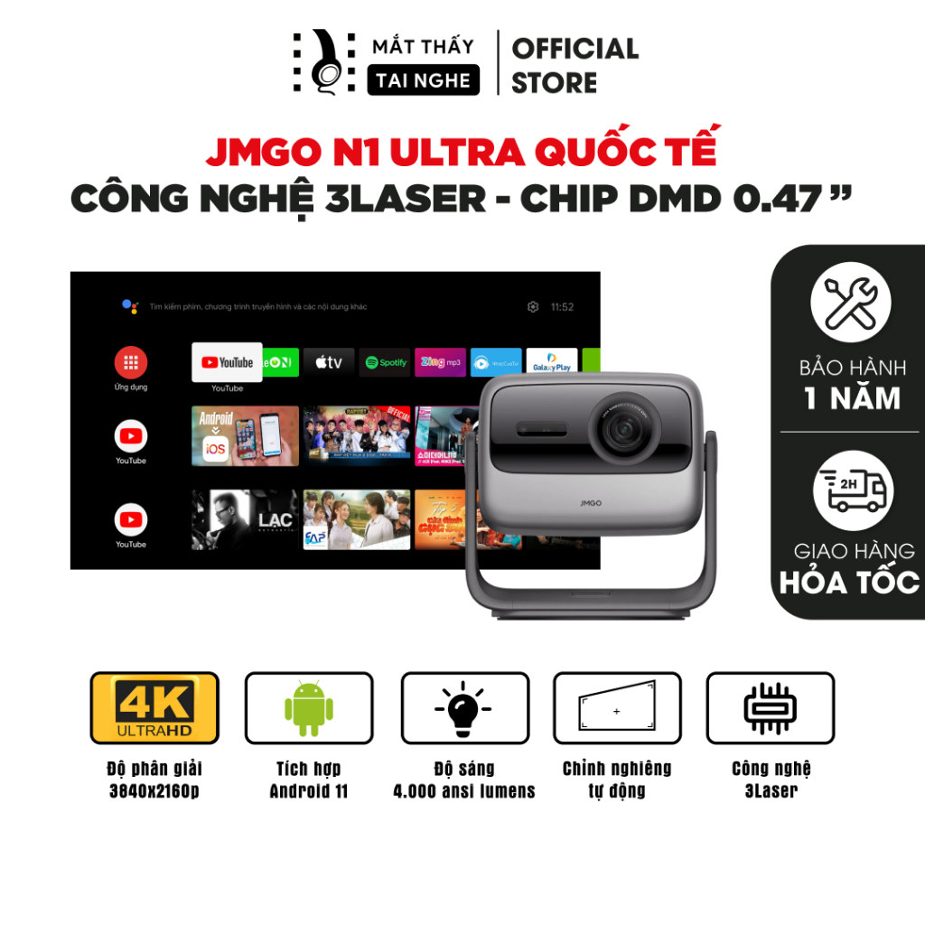 JMGO N1 Ultra Quốc tế - Máy chiếu thông minh tích hợp Android TV 11, độ phân giải 4K UHD 3840x2160p 