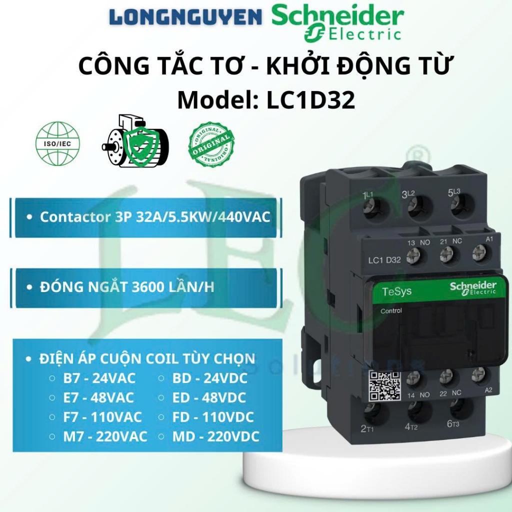 Công tắc tơ Schneider LC1D32M7 3P 32A AC3 cuộn hút 220VAC chính hãng