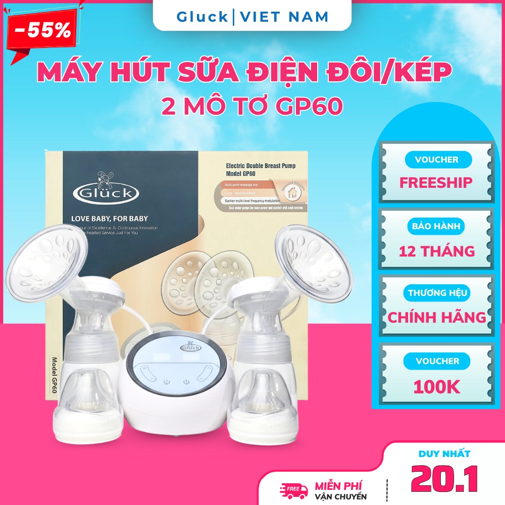 Máy Hút Sữa Pin Đôi Gluck Baby GP60 2 mô tơ riêng biệt massage, hút sữa từng bên an toàn Chính Hãng