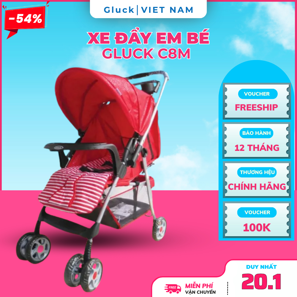 Xe đẩy gấp gọn cho bé Gluck C8M, 2 chiều trang bị bàn ăn dặm cho bé, vải chống thấm nước, dễ vệ sinh