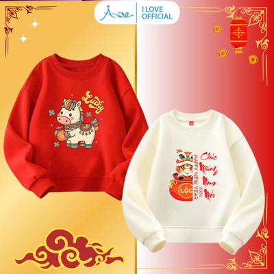[MỚI] Áo nỉ SWEATER cho bé AORE Tết 2026, Áo nỉ da cá dài tay cổ tròn Ngựa may mắn cho bé trai bé gái đón Tết 9-35kg