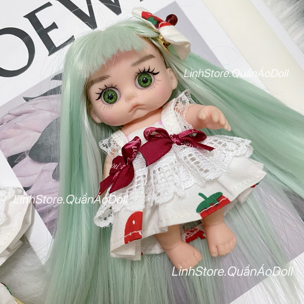 [QUẦN ÁO DOLL] VÁY ĐẦM NỮ THIẾT KẾ REN TẦNG NƠ HOẠ TIẾT DÂU DÀNH CHO BÉ GÁI 5IN