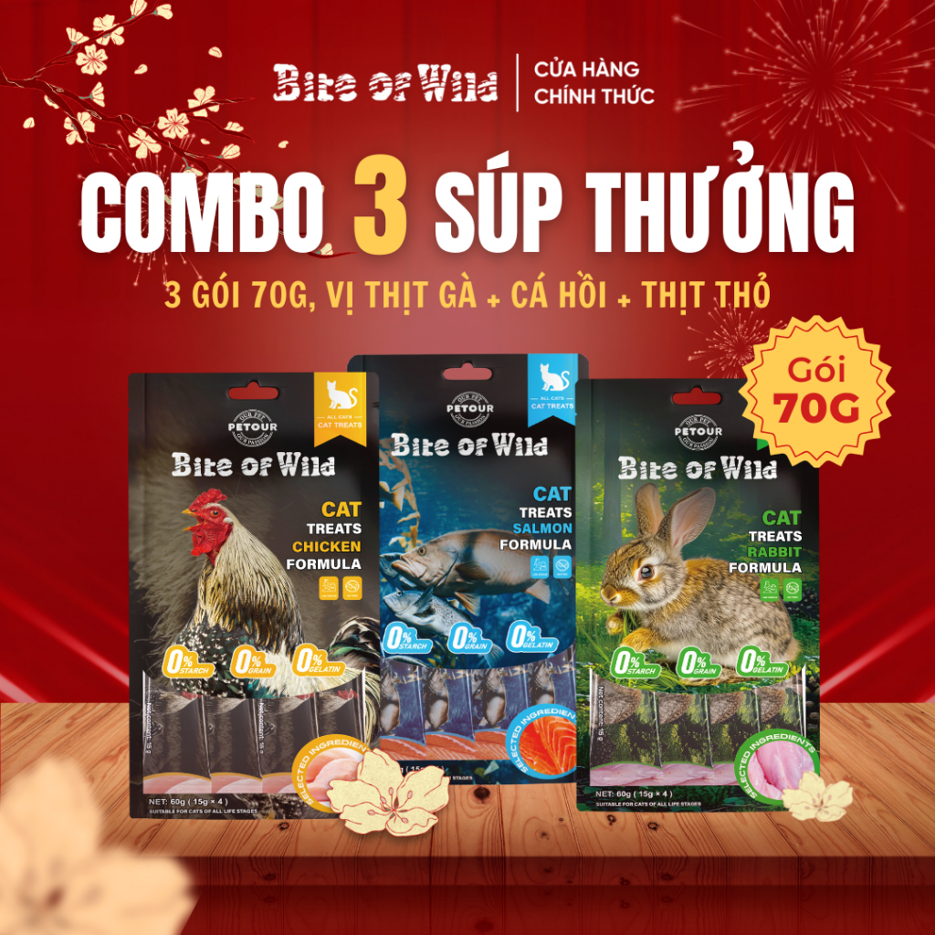 COMBO MIX 3 Súp Thưởng Cho Mèo Bite Of Wild 60g Không Tinh Bột, Không Gelatin, Cho Mèo Mọi Lứa Tuổi