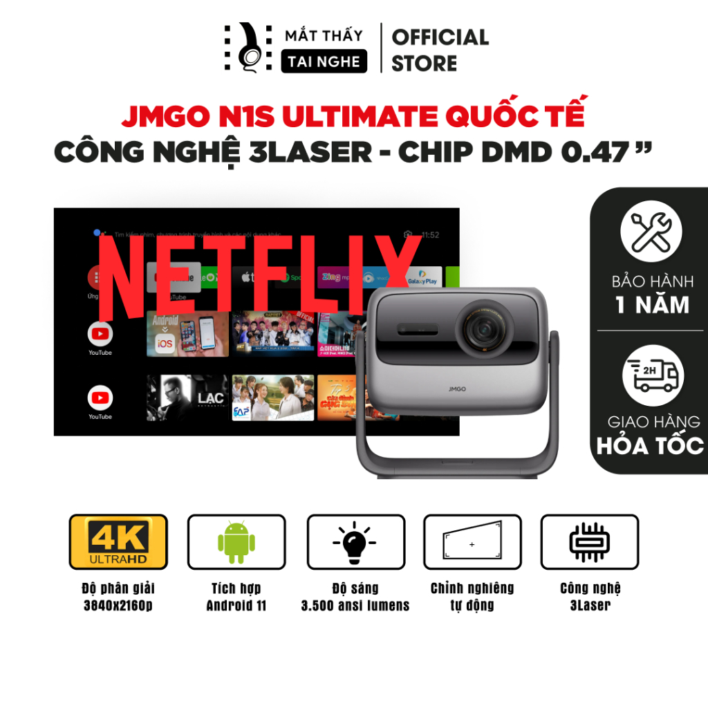 JMGO N1s Ultimate 4K- Máy chiếu thông minh tích hợp GoogleTV, hỗ trợ Netflix chính chủ,độ phân giải 