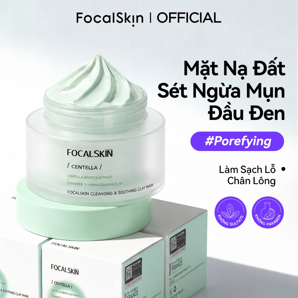 [HÀNG THANH LÝ] FOCALSKIN Mặt Nạ Đất Sét Tẩy Tế Bào Chết Rau Má + Ceramide Giảm Mụn, Se Khít Lỗ Chân