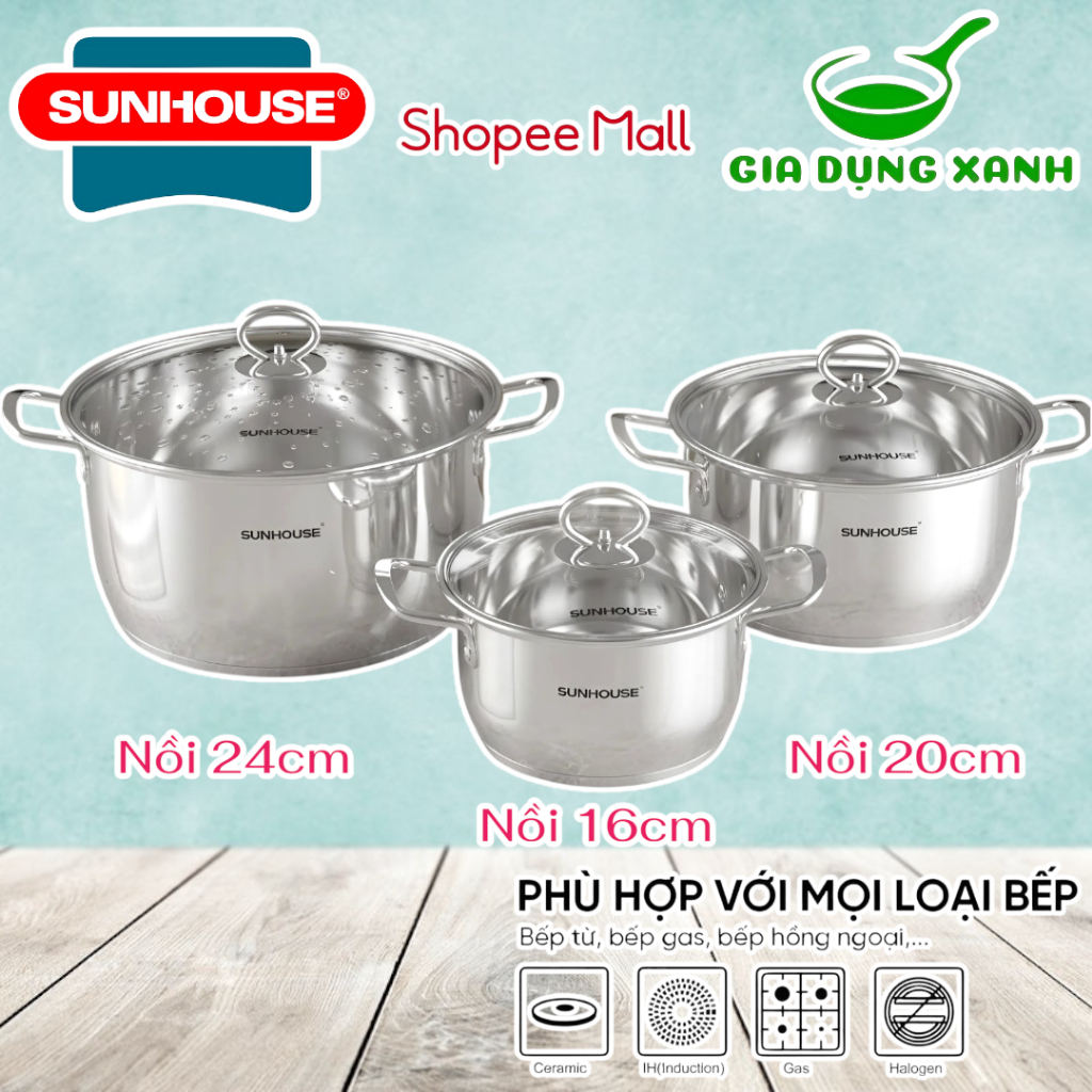 Bộ 3 nồi inox 5 đáy bếp từ SUNHOUSE SHG788, SHG669 kích thước 16 20 24cm dùng mọi loại bếp tỏa nhiệt đều giữ nhiệt tốt