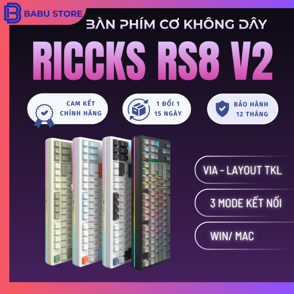 Bàn Phím Cơ Không Dây Riccks RS8 V2 3 Mode | Mạch Xuôi | Led RGB+Led viền | Full Foam,Full Mod | QMK