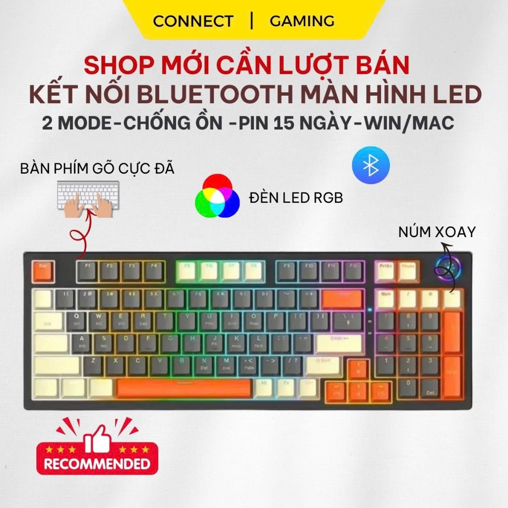 Bộ Bàn Phím Không Dây Bluetooth M96 LED 7 Màu Có Màn Hình, 2 Mode, Phím PBT Cao Cấp, Gõ Êm Chống Ồn 
