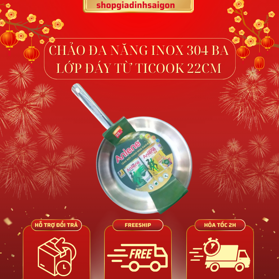CHẢO ĐA NĂNG INOX 304 BA LỚP ĐÁY TỪ TICOOK 22CM QUÀ TẶNG SỮA  ALENE