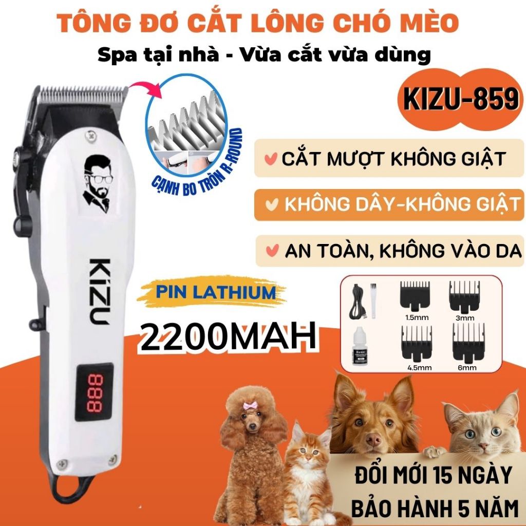 Tông Đơ Cắt Lông Chó Mèo Chuyên Nghiệp KiZu 859 - Máy Cạo Lông Thú Cưng Yên Tĩnh, Sạc USB, Pin Lâu