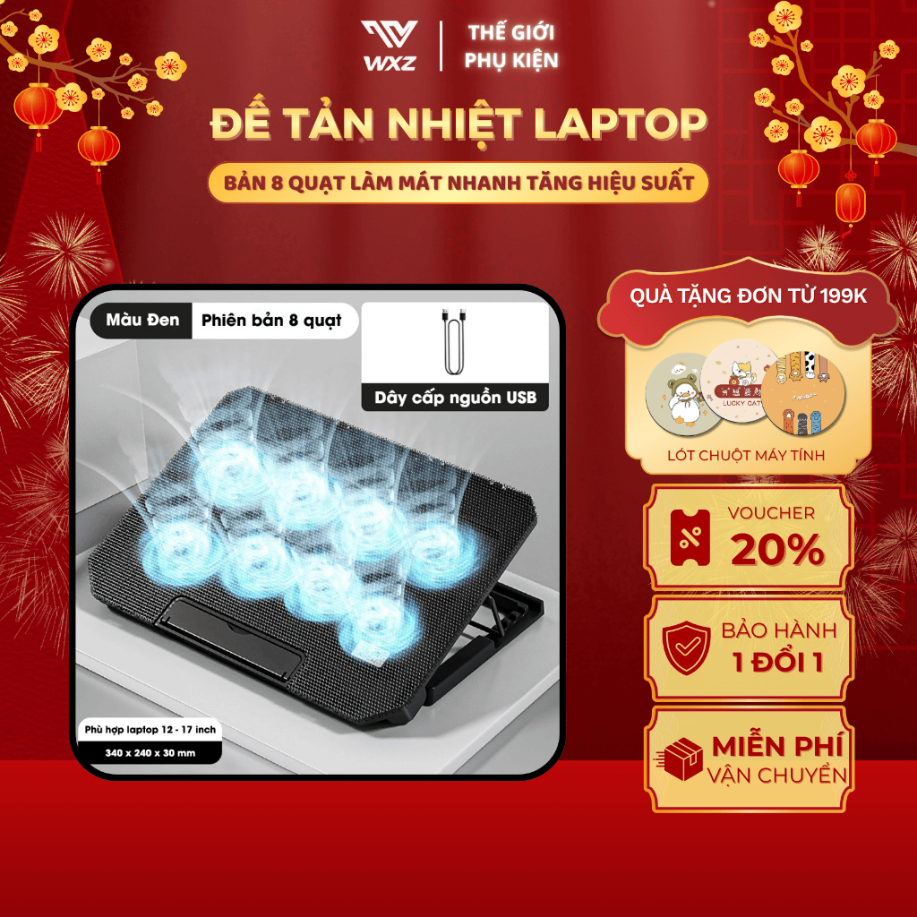 Quạt Tản Nhiệt Laptop Q100 8 Quạt Siêu Mát, Giá Đỡ Laptop 4 Mức Điều Chỉnh Độ Cao, Chống Ồn, Gọn Nhẹ