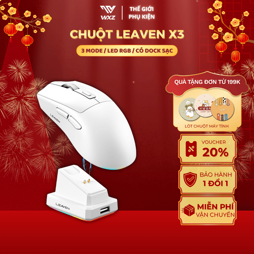 Chuột Gaming Leaven X3 Chip Pro, 2 Chế Độ Kết Nối, Có Dock Sạc, 3 Mức DPI, Thiết Kế Công Thái Học