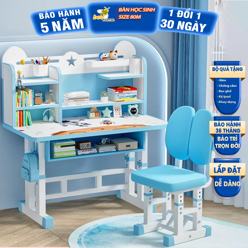 Bộ bàn học cho bé E03 , bàn học chống gù size lớn 80cm nâng hạ độ cao bàn và ghế cao cấp