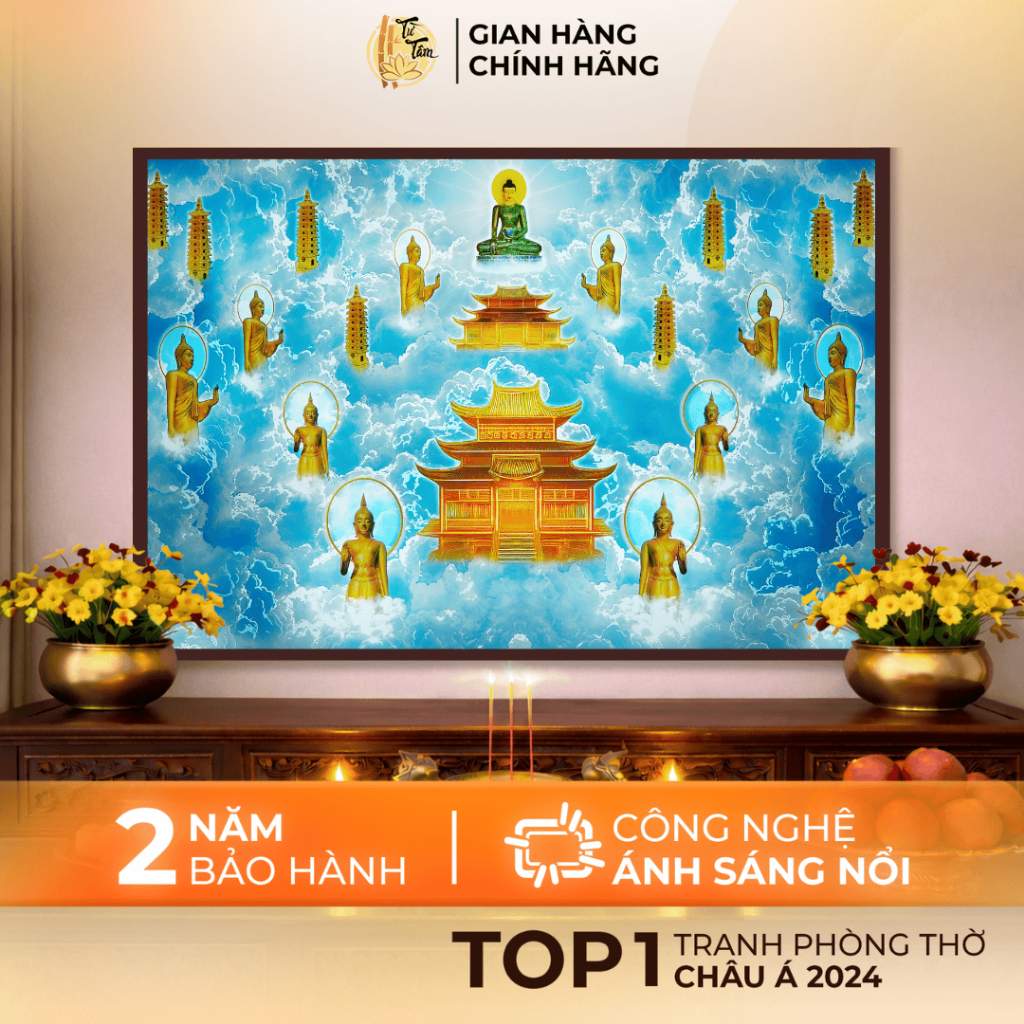 Tranh Hoàng Pháp Ngang Cung Trời Đao Lợi Xanh, Từ Tâm - Ánh Sáng Nổi, Đèn Hào Quang Phật, Trang Trí 