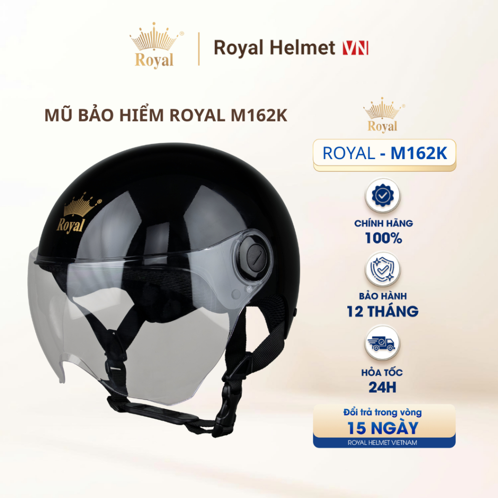 [ĐEN BÓNG] Mũ Bảo Hiểm 1/2 Royal M162K Có Kính Chính Hãng, Dành Cho Nam Nữ Đi Xe Máy | Royal Helmet 