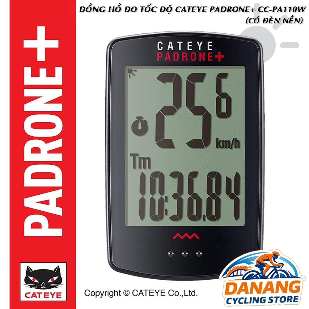 Đồng Hồ Đo Tốc Độ Xe Đạp Không Dây CATEYE Padrone+ CC-PA110W – Có Đèn Nền, Màn Hình Lớn