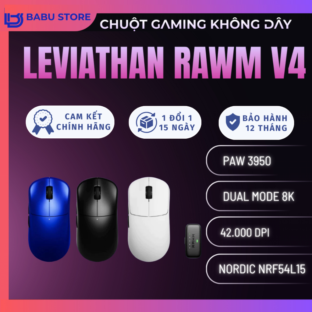 Chuột Gaming Không Dây RAWM Leviathan V4, Dual 8K Rate, MCU Nordic nRF54L15, DPI 45000