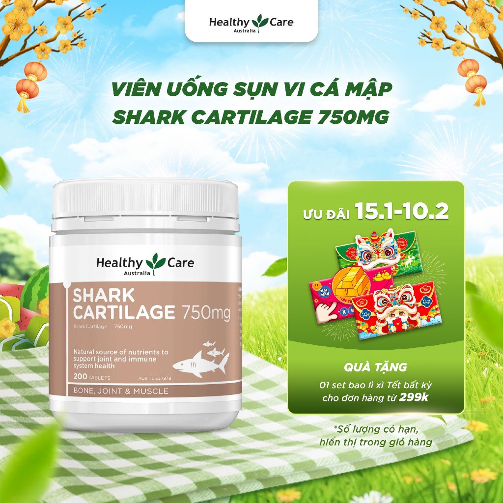 Viên Uống Sụn Vi Cá Hỗ Trợ Xương Khớp Healthy Care Shark Cartilage 750mg 200 Viên