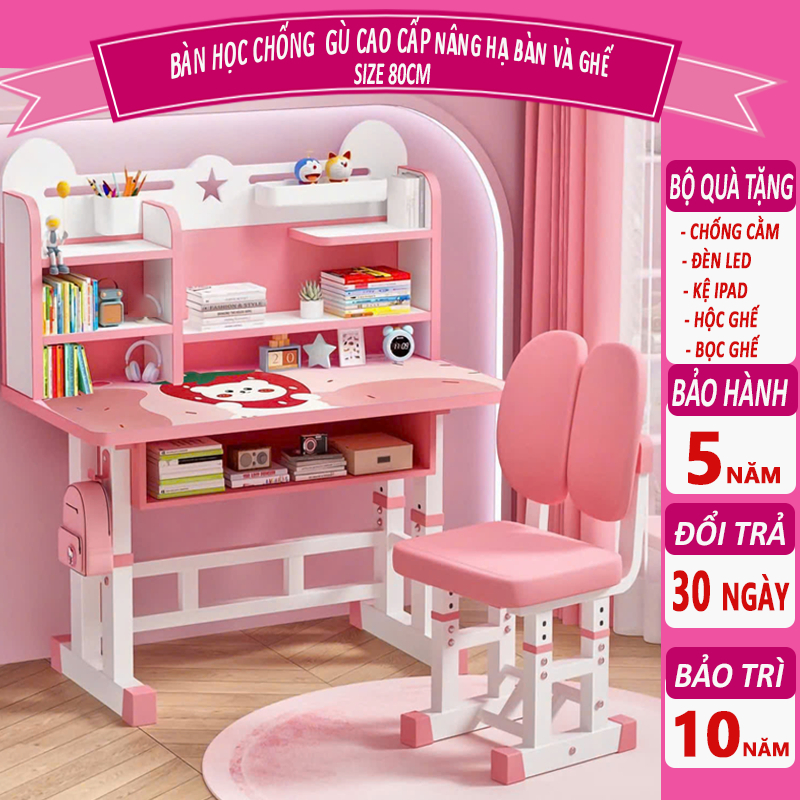 Bộ bàn học cho bé E03 , bàn học chống gù size lớn 80cm nâng hạ độ cao tặng nhiều quà