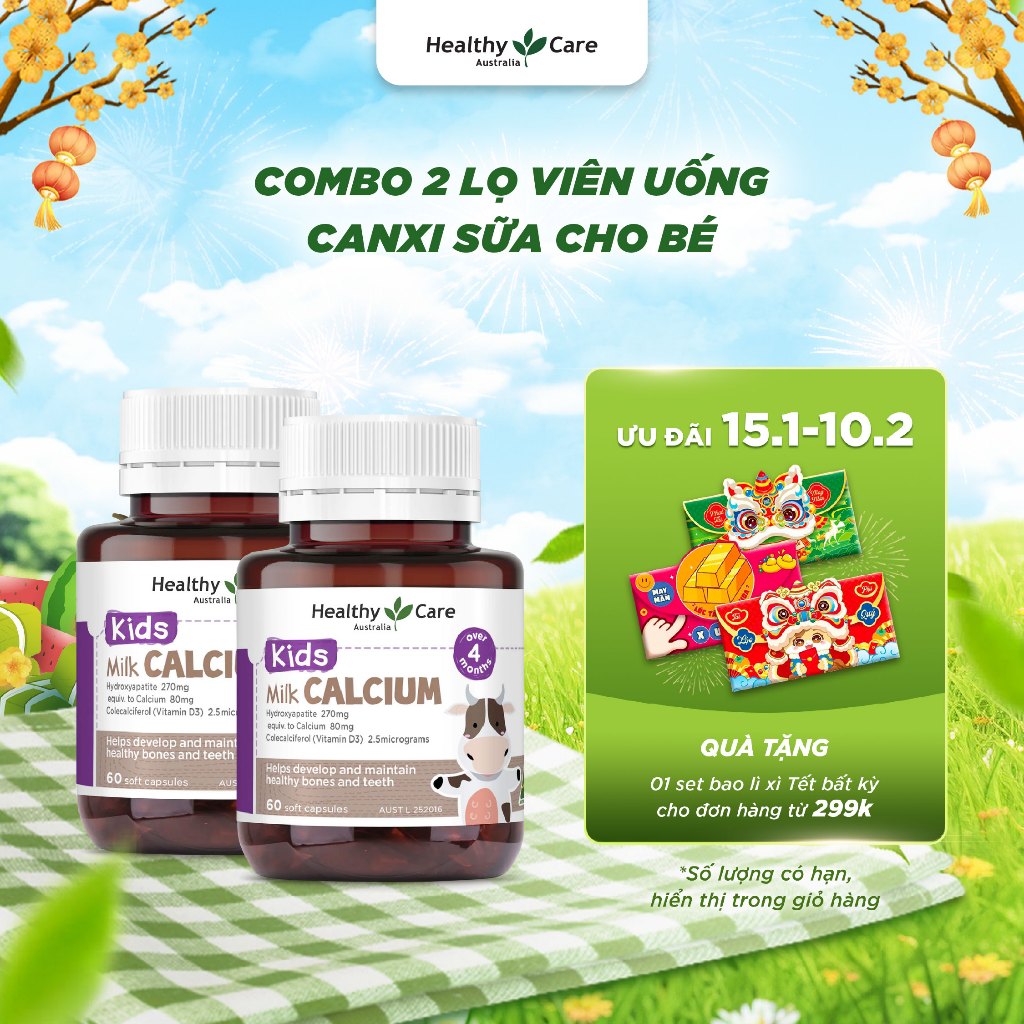Combo Viên Uống Canxi Sữa Cho Bé Healthy Care Kids Milk Calcium Hộp 60 Viên
