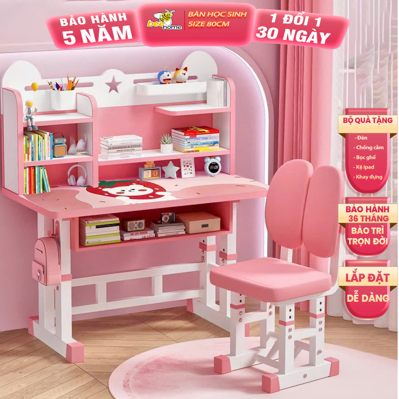Bộ bàn học cho bé E03 , bàn học chống gù size lớn 80cm nâng hạ độ cao tặng nhiều quà