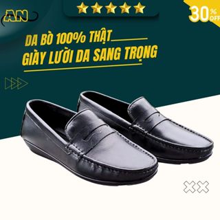 Giày Lười Mọi Nam Cao Cấp Da Bò Trơn Thật  Đen Bóng  Đế Cao Su Khâu Chắc Chắn  Bảo Hành 12 Tháng