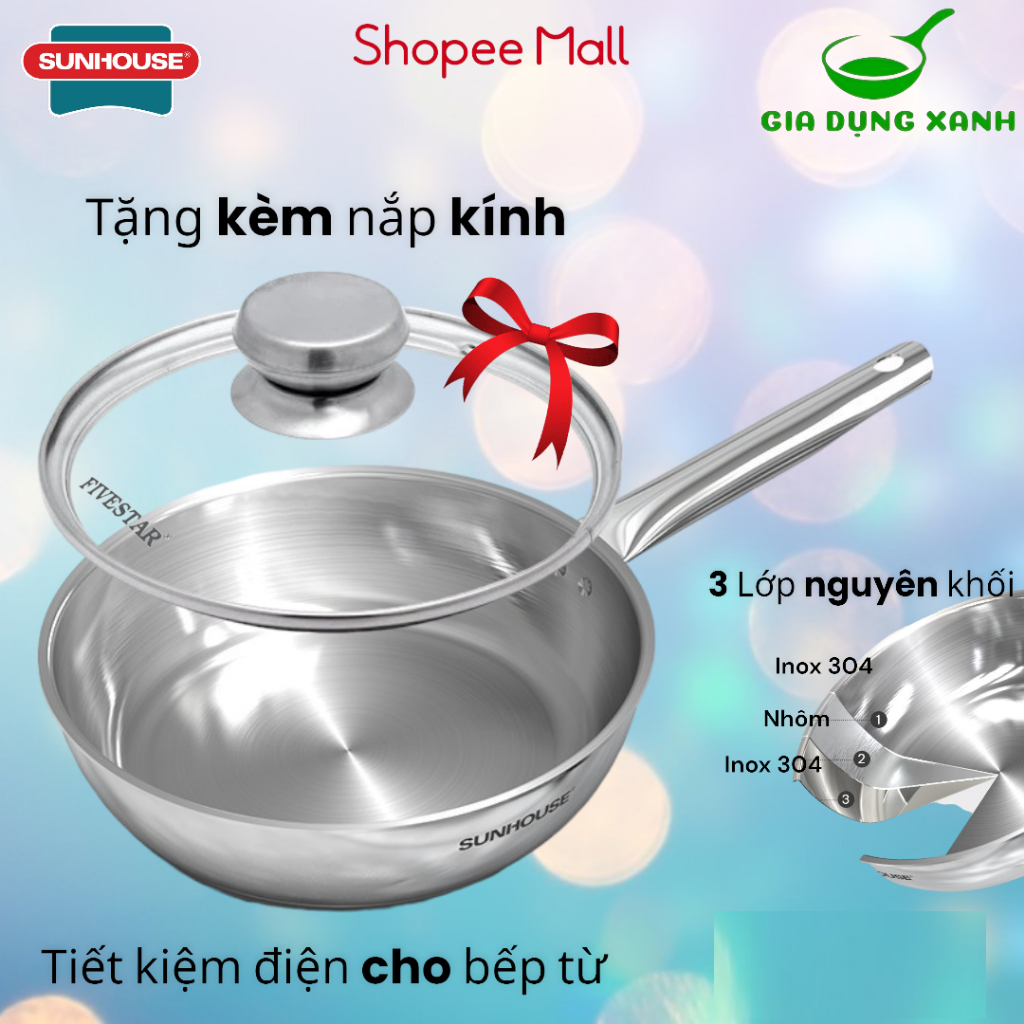 [TẶNG NẮP] CHẢO INOX 304, Inox nguyên khối, đa lớp Sunhouse IN16M6-IN28M6 dùng với mọi loại bếp - ch