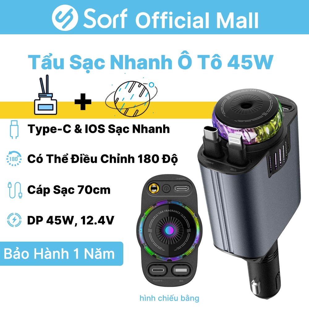 Sorf Tẩu Sạc Nhanh ô tô 5 TRONG 1: Sạc Nhanh 45W, Tỏa Hương, Đèn Sao - Tặng Dây Co Giãn - Bảo Hành 1