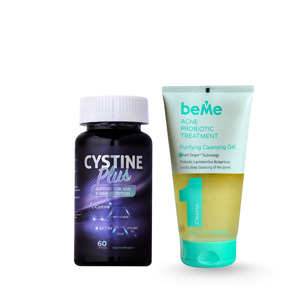 COMBO Cystine Plus và Sữa Rửa Mặt BeMe Purifying Cleansing Gel - Làm Sạch Sâu, Điều Tiết Bã Nhờn
