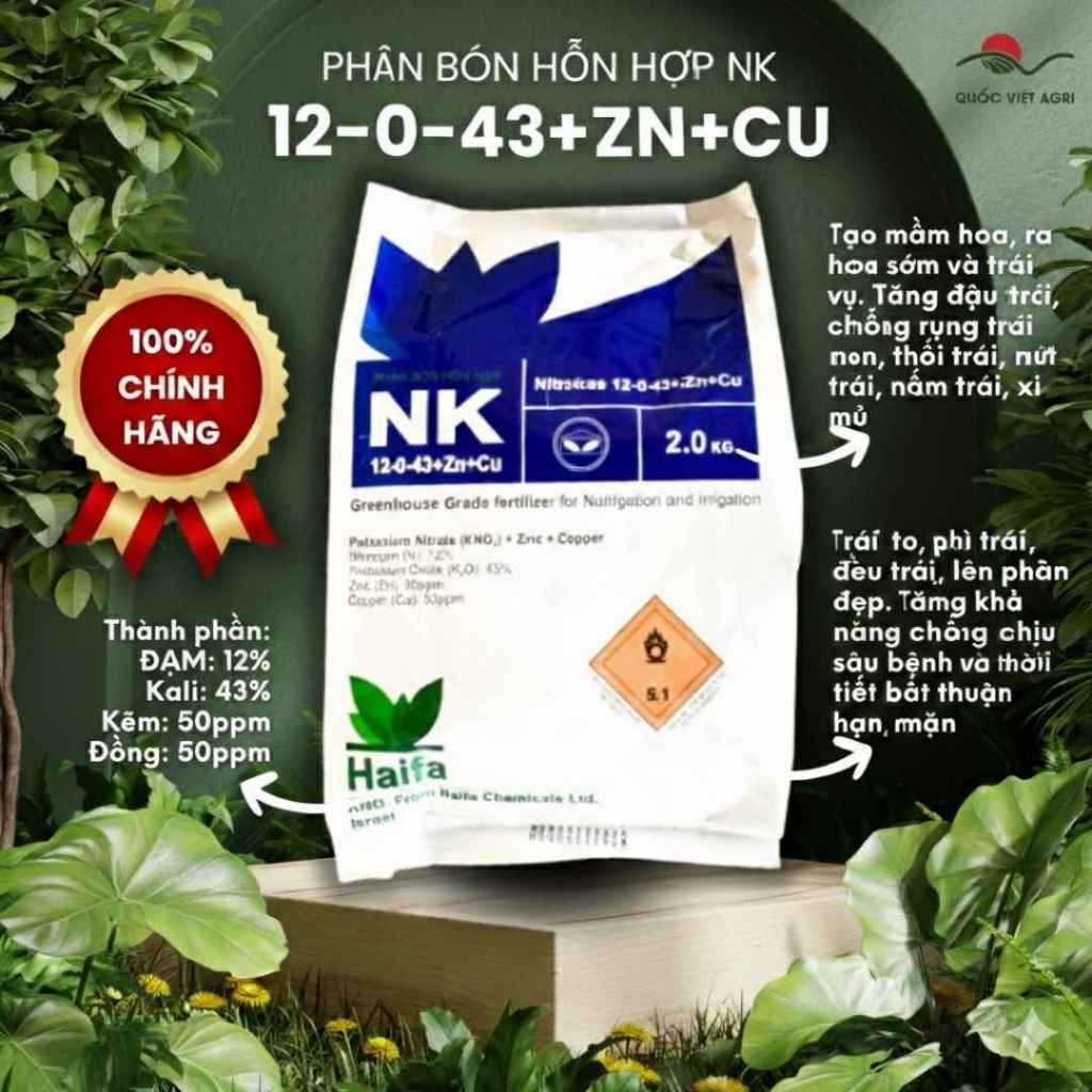 Phân bón hỗn hợp KNO3 Kali tinh khiết NITROKAS NK 12-0-43+Zn+Cu (gói 2KG)