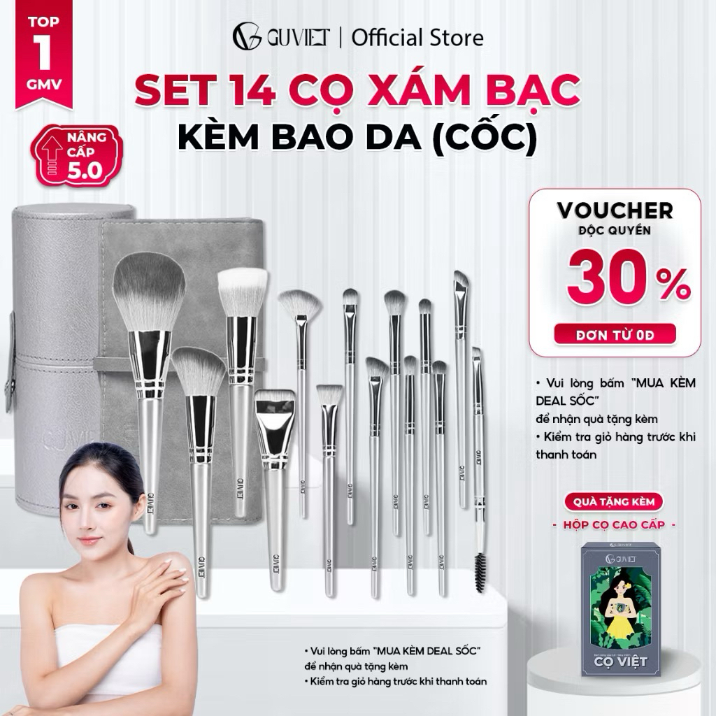 [KOL x GUVIET]  Set 14 Cọ Trang Điểm Xám Bạc kèm túi (cốc)  350g