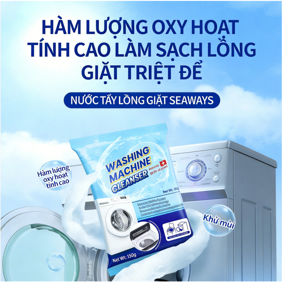 Bột Tẩy Rửa Máy Giặt Đa Năng 150g - Kháng Khuẩn 99.9%, Dùng Cho Cửa Trước/Cửa Trên/Lồng Ngang, Diệt Khuẩn Sâu Hiệu Quả